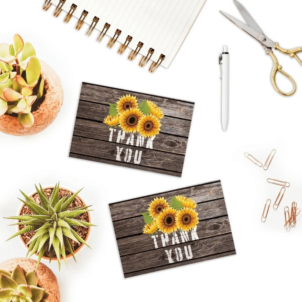 50 Pack Thank you Cards Sunflowers Insert Cards 4x6 & Stickers